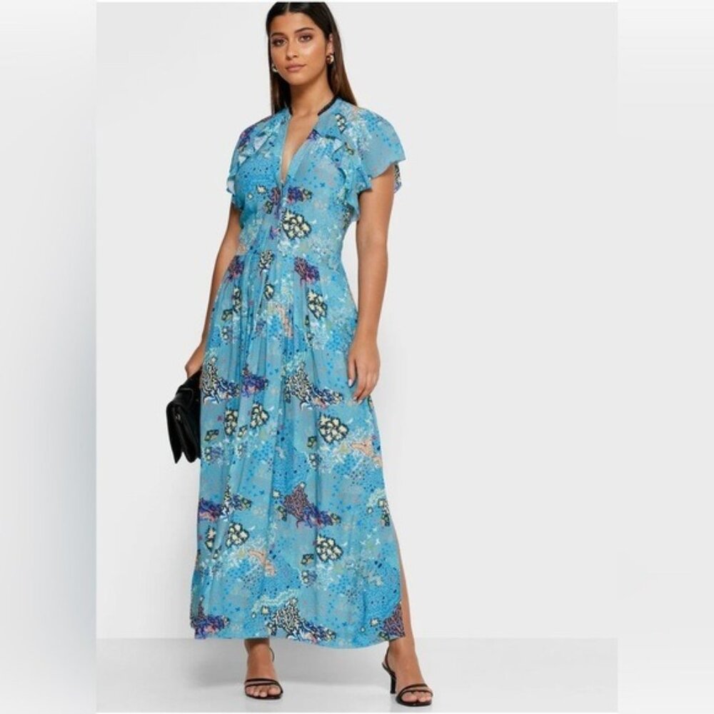 ZADIG & VOLTAIRE Tie Neck Blue Printed Maxi Dress Flutter Cap sleeves XS